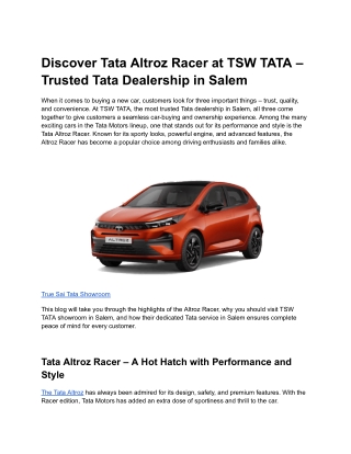 Discover Tata Altroz Racer at TSW TATA – Trusted Tata Dealership in Salem