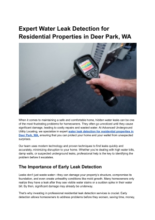 Expert Water Leak Detection for Residential Properties in Deer Park, WA