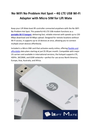 No WiFi No Problem Hot Spot – 4G LTE USB Wi-Fi Adapter for Lift Mate