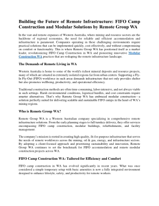 Building the Future of Remote Infrastructure FIFO Camp Construction and Modular Solutions by Remote Group WA