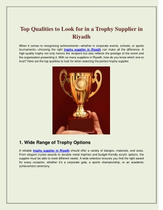 Top Qualities to Look for in a Trophy Supplier in Riyadh