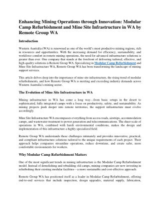 Enhancing Mining Operations through Innovation Modular Camp Refurbishment and Mine Site Infrastructure in WA by Remote G