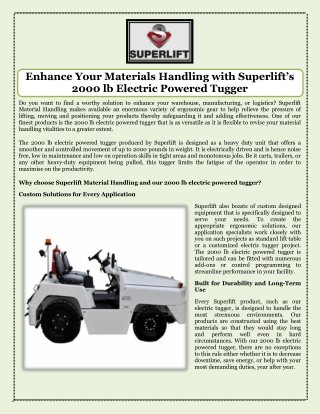 Enhance Your Materials Handling with Superlift’s 2000 lb Electric Powered Tugger