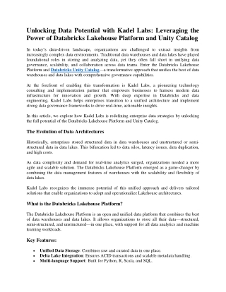 Unlocking Data Potential with Kadel Labs Leveraging the Power of Databricks Lakehouse Platform and Unity Catalog