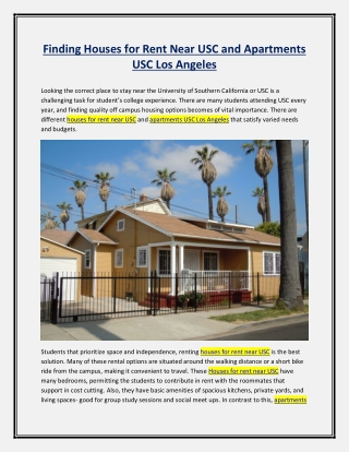 Finding Houses for Rent Near USC and Apartments USC Los Angeles