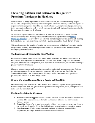 Elevating Kitchen and Bathroom Design with Premium Worktops in Hackney