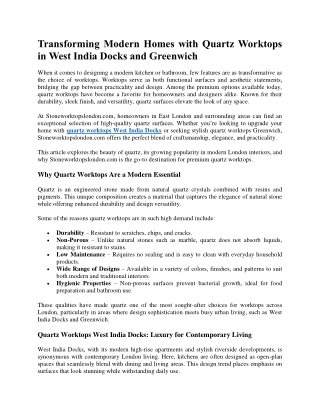 Transforming Modern Homes with Quartz Worktops in West India Docks and Greenwich