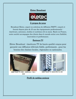 Émetteurs TV Eletec Broadcast conçus pour une haute fiabilité