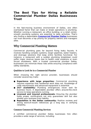 The Best Tips for Hiring a Reliable Commercial Plumber Dallas Businesses Trust