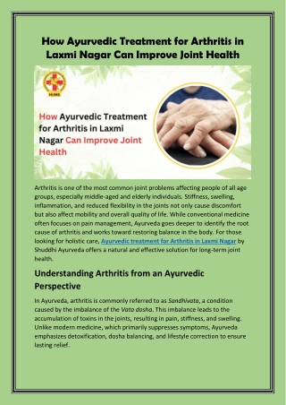 How Ayurvedic Treatment for Arthritis in Laxmi Nagar Can Improve Joint Health