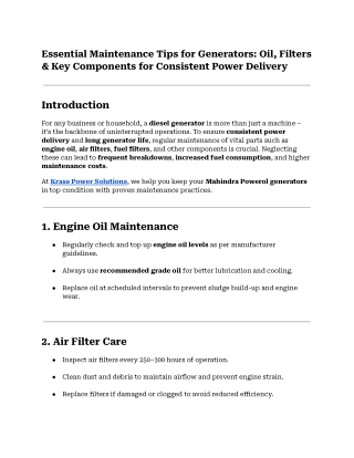 Essential Maintenance Tips for Generators_ Oil, Filters & Key Components for Consistent Power Delivery