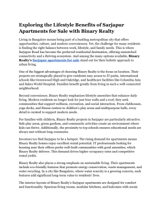 Exploring the Lifestyle Benefits of Sarjapur Apartments for Sale with Binary Realty