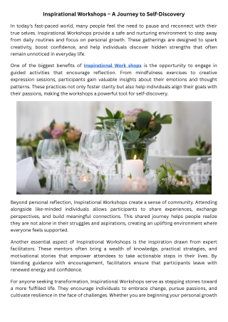 Inspirational Workshops – A Journey to Self-Discovery