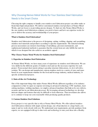 Why Choosing Nemez Metal Works for Your Stainless Steel Fabrication Needs Is the