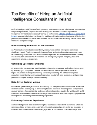 Top Benefits of Hiring an Artificial Intelligence Consultant in Ireland