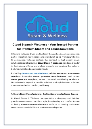 Cloud Steam N Wellness Your Trusted Partner for Premium Steam and Sauna Solutions