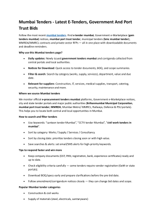 Mumbai Tenders - Latest E-Tenders, Government And Port Trust Bids