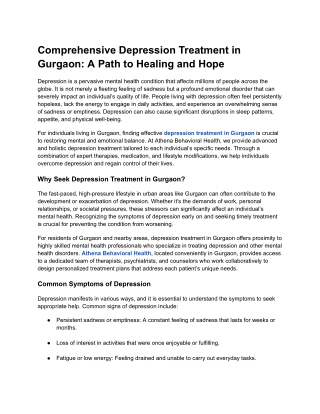 Comprehensive Depression Treatment in Gurgaon -A Path to Healing and Hope