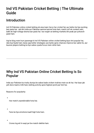 Ind VS Pakistan Cricket Betting