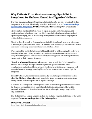 Why Patients Trust Gastroenterology Specialist in Bangalore, Dr Shabeer Ahmed for Digestive Wellness