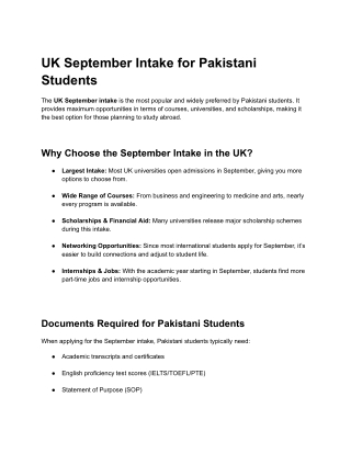 UK September Intake for Pakistani Students