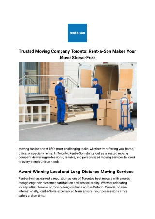 Trusted Moving Company Toronto: Stress-Free Moves with Rent-a-Son
