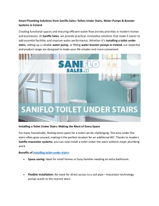 Smart Plumbing Solutions from Saniflo Sales - Toilets Under Stairs, Water Pumps & Booster Systems in Ireland