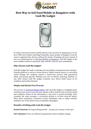 Best Way to Sell Used Mobile in Bangalore with Cash My Gadget