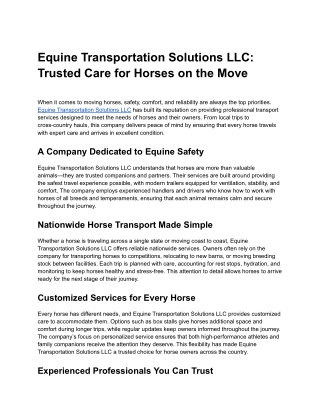 Equine Transportation Solutions LLC_ Trusted Care for Horses on the Move