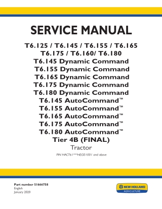 New Holland T6.160 Tier 4B (FINAL) Tractor Service Repair Manual Instant Download
