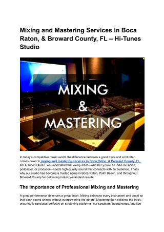 Mixing and Mastering Services in Boca Raton, & Broward County, FL – Hi-Tunes Studio
