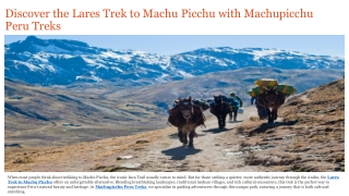Discover the Lares Trek to Machu Picchu with Machupicchu Peru Treks