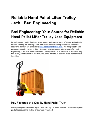 Reliable Hand Pallet Lifter Trolley Jack _ Bari Engineering