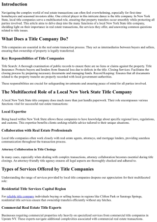 The Multifaceted Role of a Local New York State Title Company