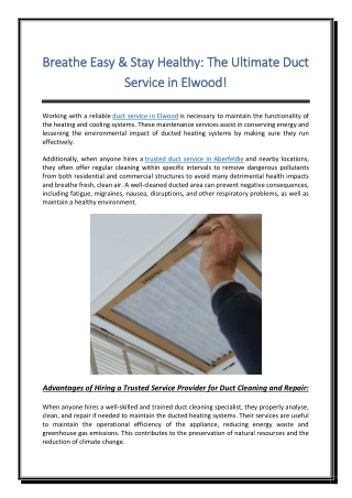 Breathe Easy & Stay Healthy The Ultimate Duct Service in Elwood