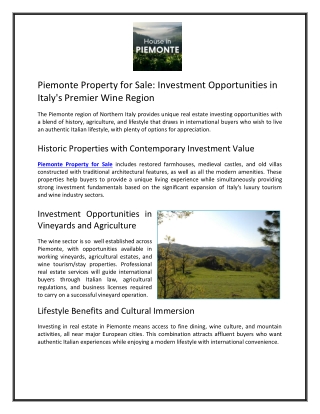 Piemonte Property for Sale: Investment Opportunities in Italy