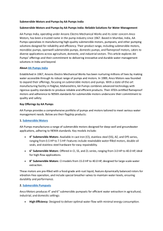 Submersible Motors and Pumps by AA Pumps