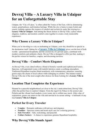 Devraj Villa – A Luxury Villa in Udaipur for an Unforgettable Stay