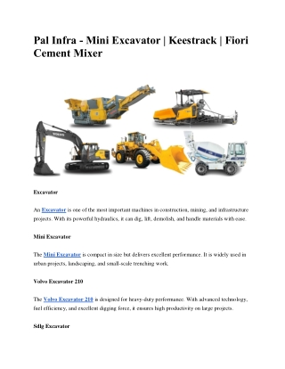 Pal Infra - Mini Excavator | Keestrack | Fiori Cement Mixer