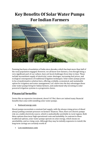 Key Benefits Of Solar Water Pumps For Indian Farmers