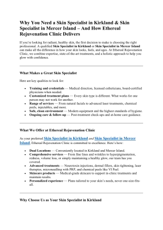 Why You Need a Skin Specialist in Kirkland & Skin Specialist in Mercer Island – And How Ethereal Rejuvenation Clinic Del