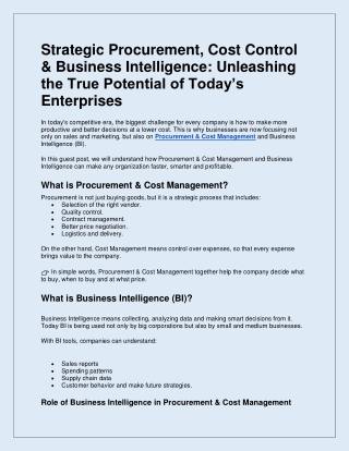 Strategic Procurement, Cost Control & Business Intelligence Unleashing the True Potential of Today’s Enterprises