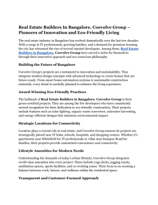 Real Estate Builders In Bangalore, Coevolve Group – Pioneers of Innovation and Eco-Friendly Living