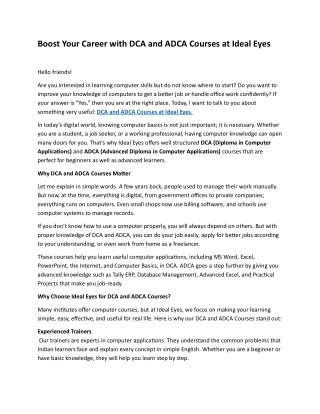 DCA and ADCA Courses at Ideal Eyes