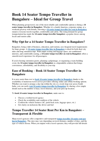 Bangalore 14-Seater Tempo Traveller Rental Price Guide