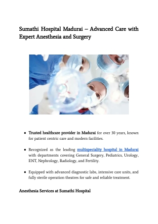 Sumathi Hospital Madurai – Advanced Care with Expert Anesthesia and Surgery