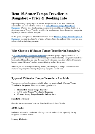 Hire 15-Seater Tempo Traveller in Bangalore for Group Travel