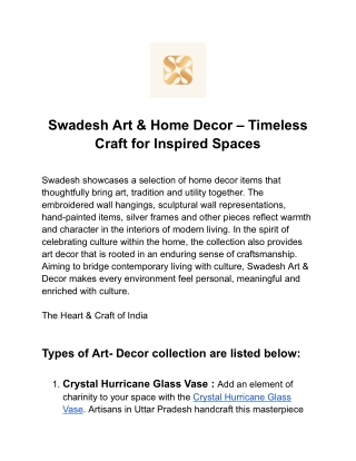 Swadesh Art & Decor – Timeless Craft for Beautiful Homes