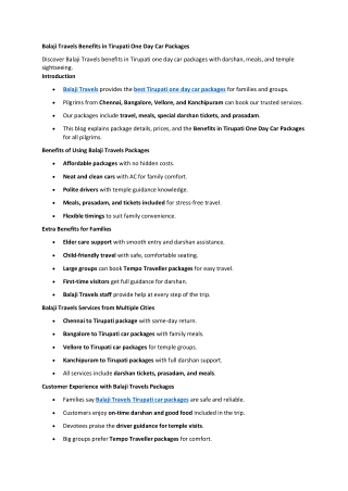 Balaji Travels Benefits in Tirupati One Day Car Packages