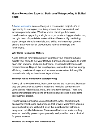 Home Renovation Experts _ Bathroom Waterproofing & Skilled Tilers